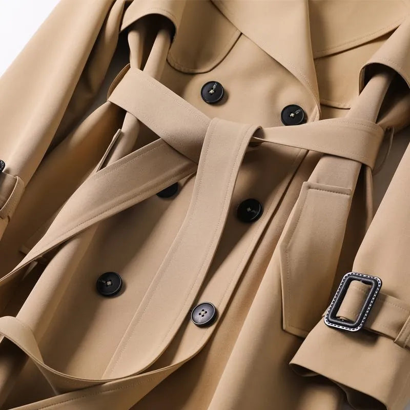 Women's Double-Breasted Belted Trench Coat with Classic Lapel