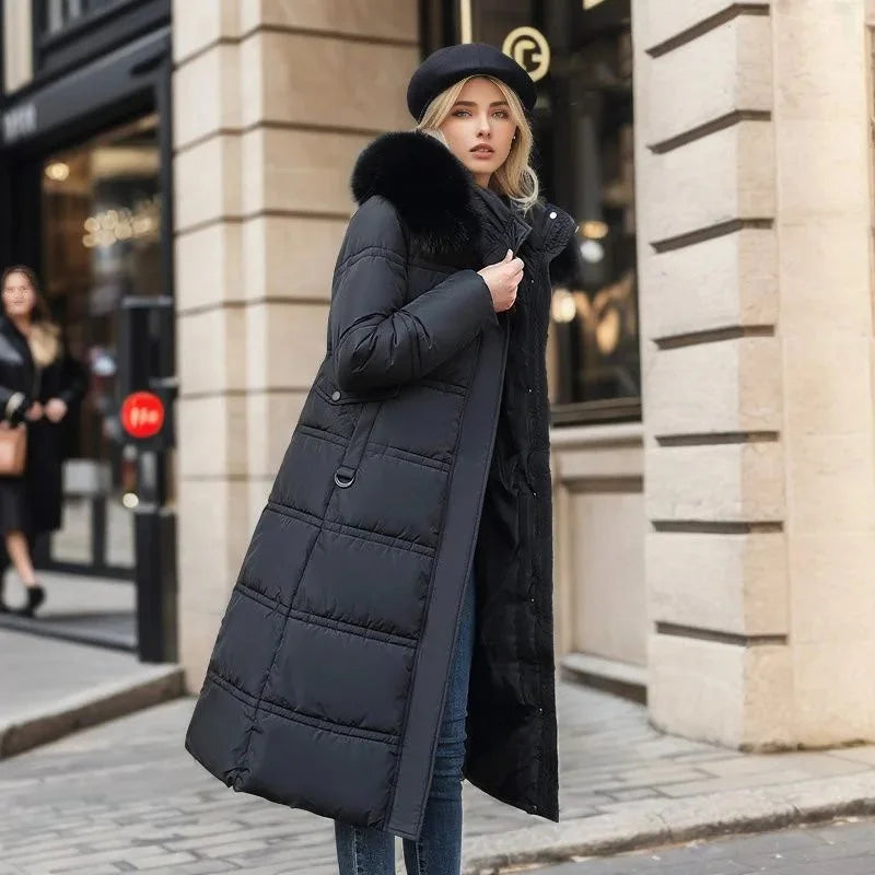 Women's Longline Quilted Parka Coat with Faux Fur Hood