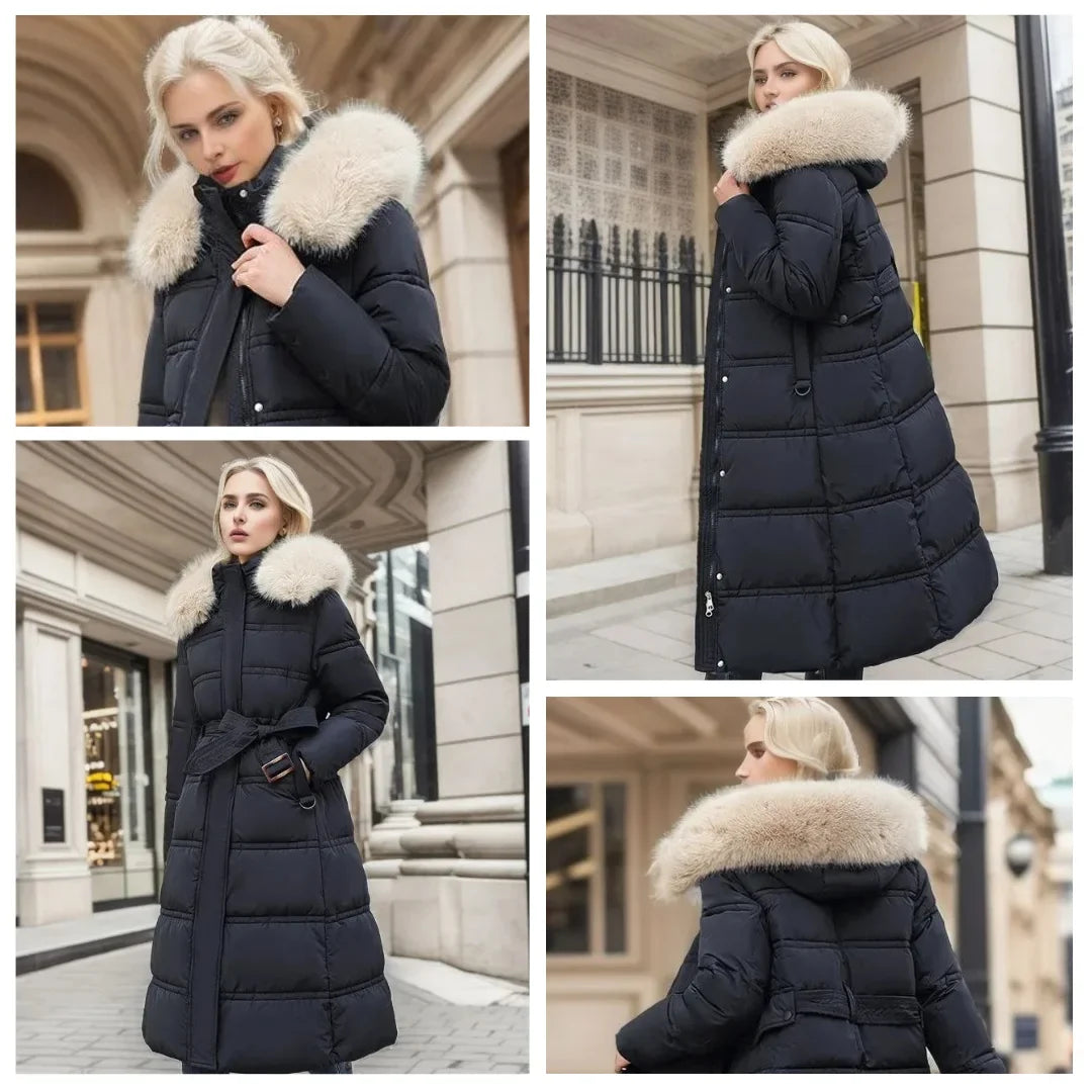 Women's Longline Quilted Parka Coat with Faux Fur Hood