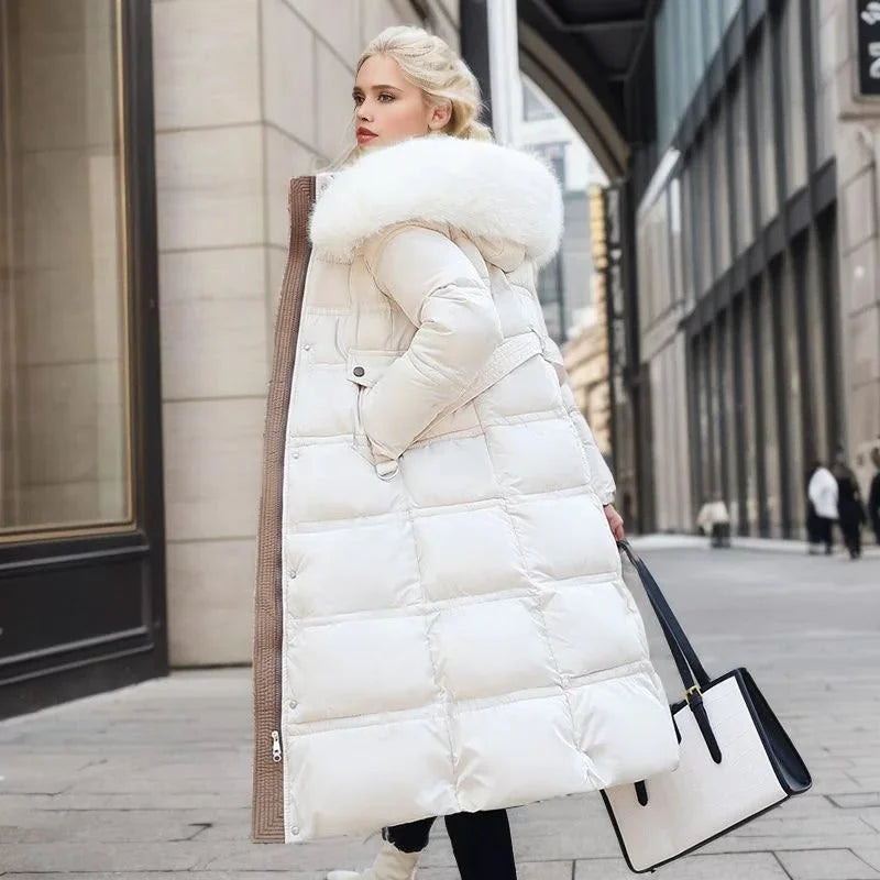 Women's Longline Quilted Parka Coat with Faux Fur Hood