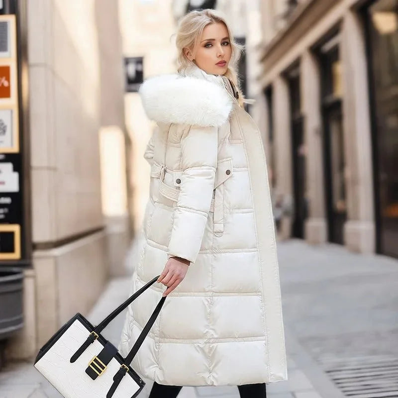 Women's Longline Quilted Parka Coat with Faux Fur Hood