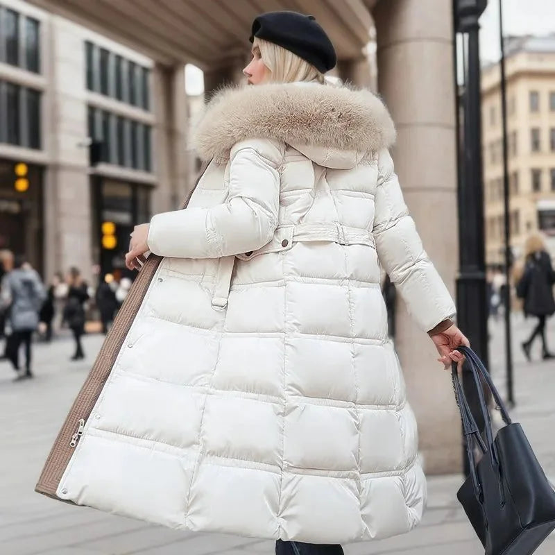 Women's Longline Quilted Parka Coat with Faux Fur Hood