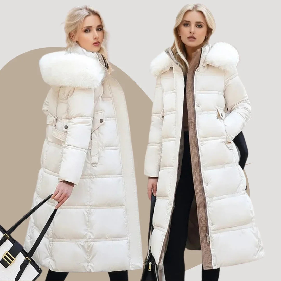 Women's Longline Quilted Parka Coat with Faux Fur Hood