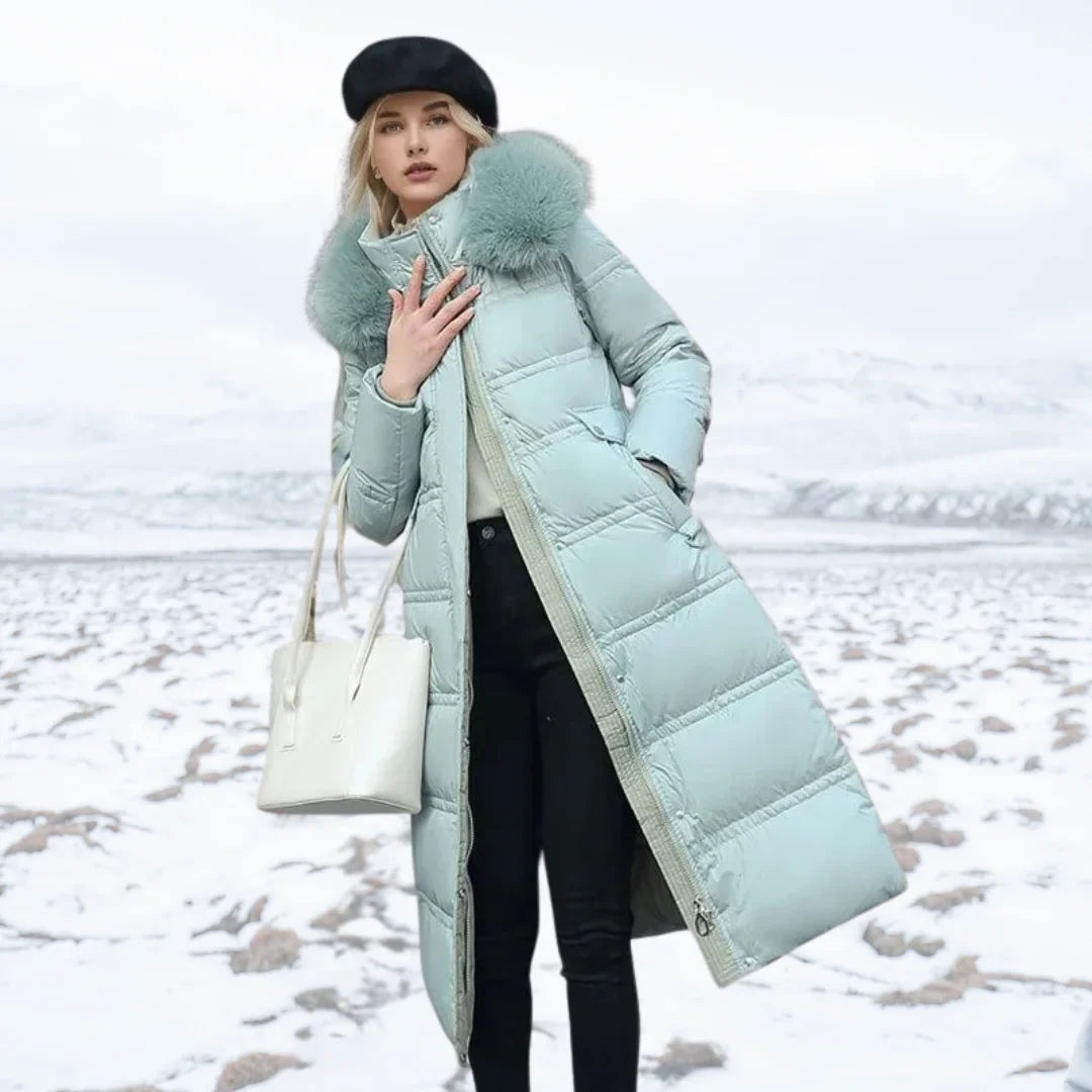 Women's Longline Quilted Parka Coat with Faux Fur Hood