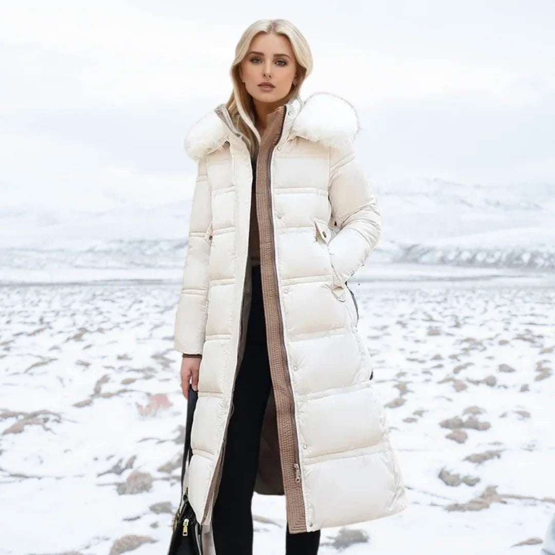 Women's Longline Quilted Parka Coat with Faux Fur Hood