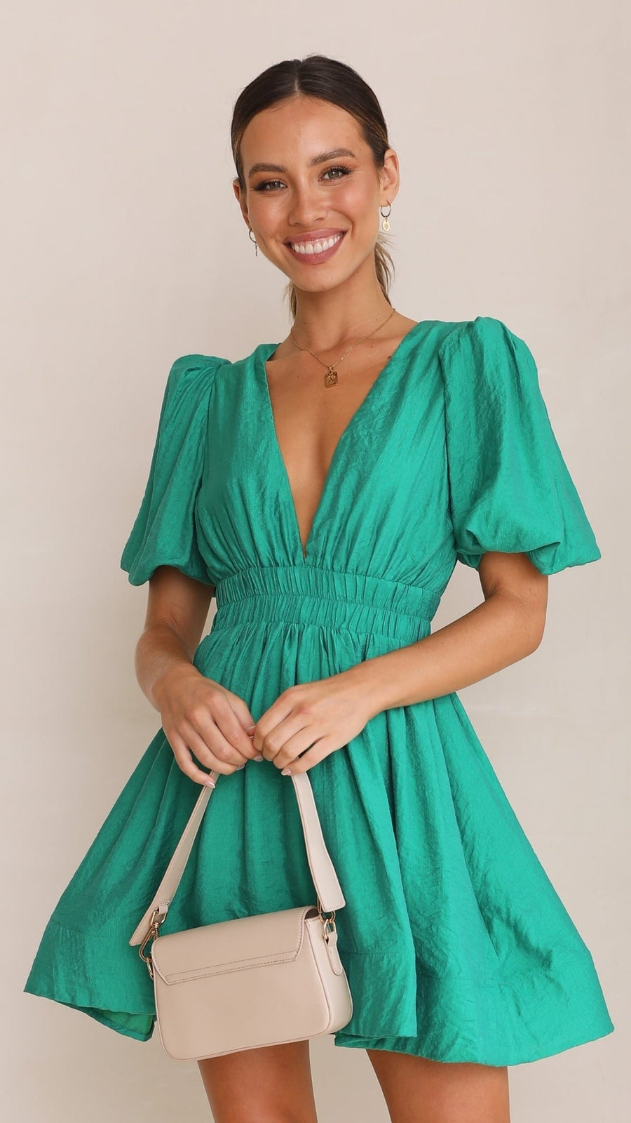 Women's Puff Sleeve V-Neck Fit & Flare Mini Dress