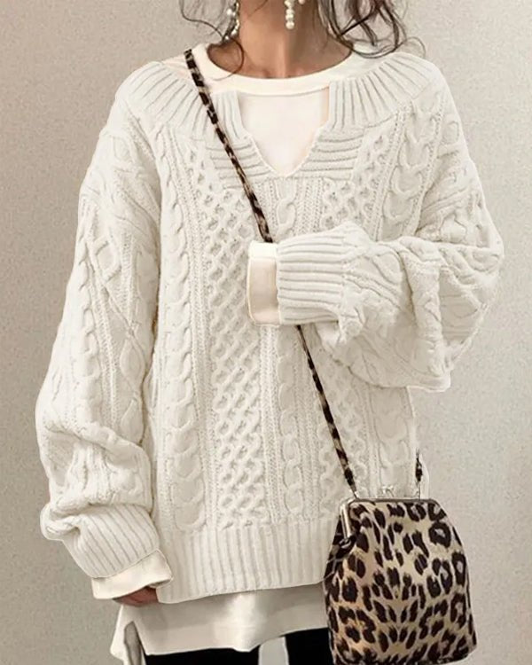 Women's Oversized Cable V-Neck Knit Sweater