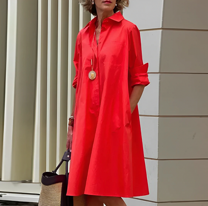 Women’s Long Sleeve Relaxed Fit Collared Midi Dress