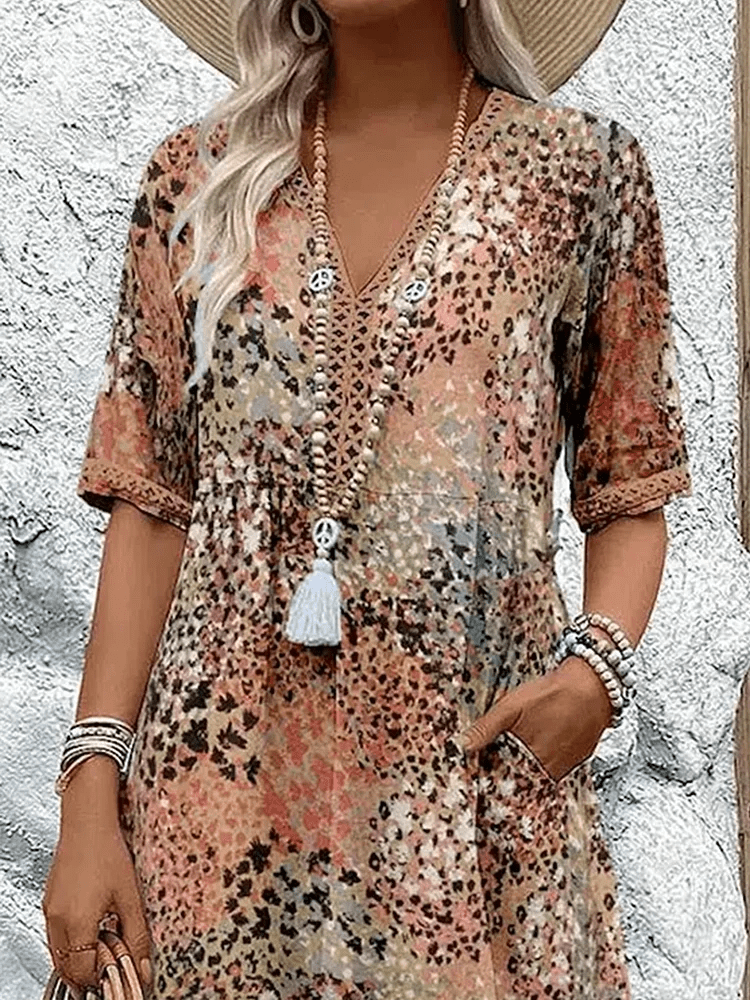 Women's Floral V-Neck Midi Dress with Relaxed Bohemian Silhouette