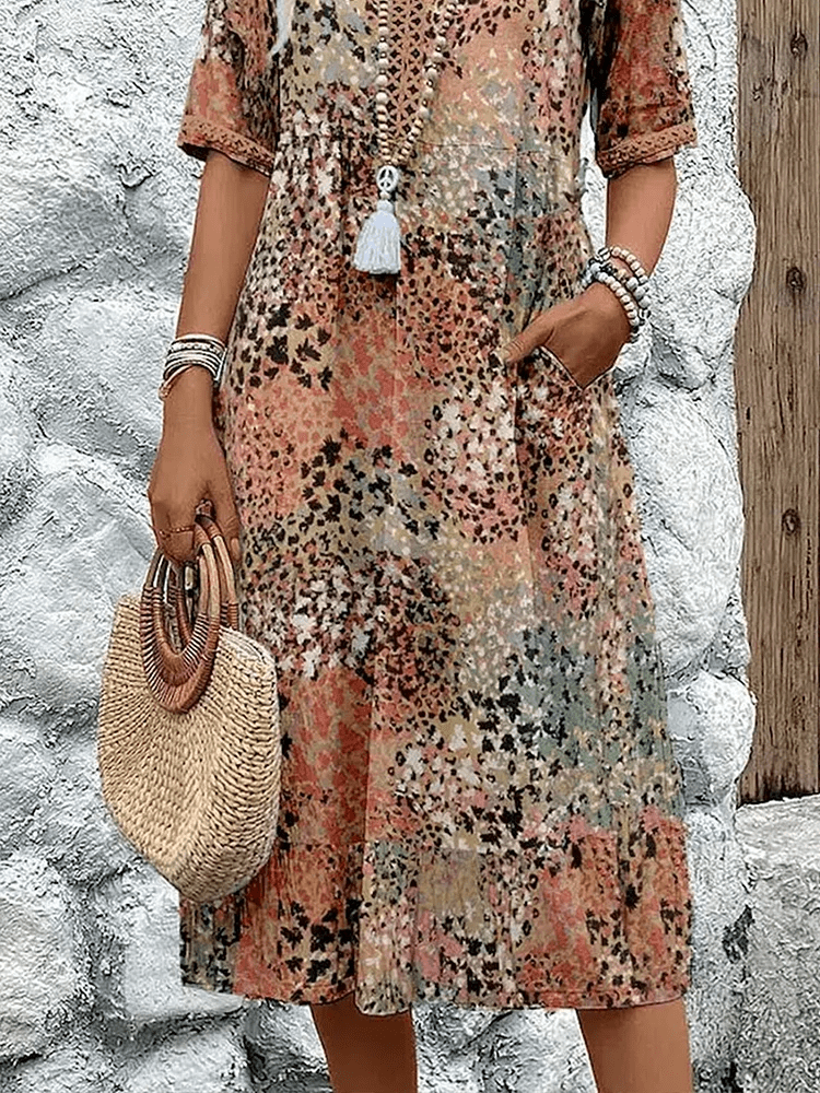 Women's Floral V-Neck Midi Dress with Relaxed Bohemian Silhouette
