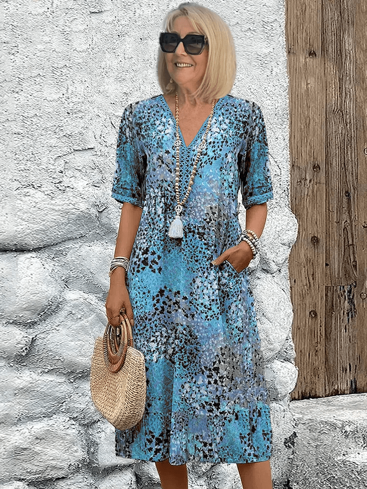 Women's Floral V-Neck Midi Dress with Relaxed Bohemian Silhouette