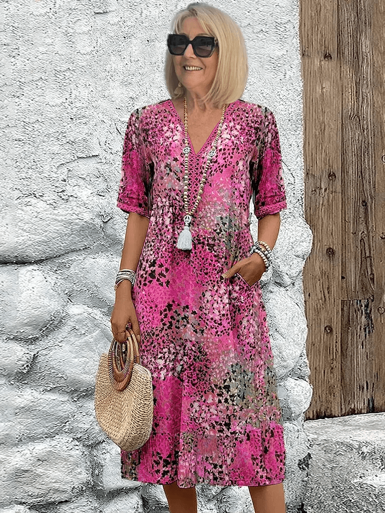 Women's Floral V-Neck Midi Dress with Relaxed Bohemian Silhouette