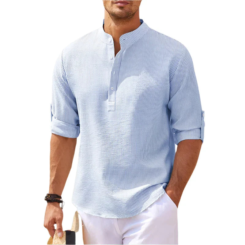 Men’s Band Collar Henley Shirt with Button Placket and Rolled Sleeves