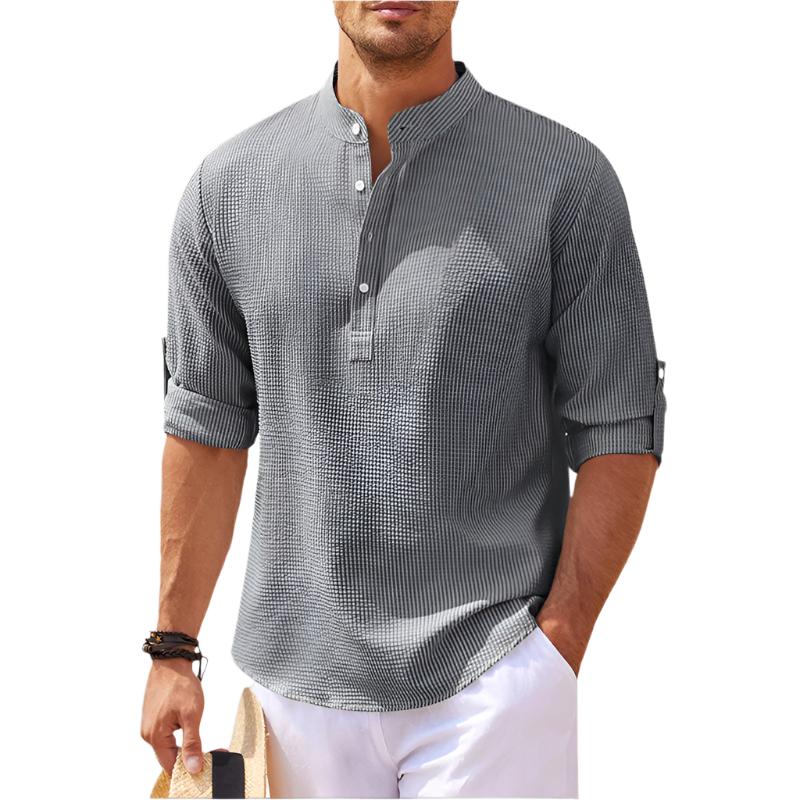 Men’s Band Collar Henley Shirt with Button Placket and Rolled Sleeves