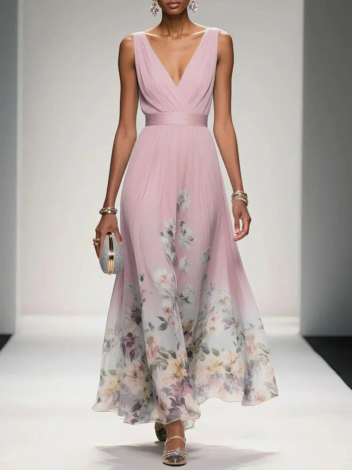 Women’s Floral V Neck Sleeveless Maxi Dress with Flowing Silhouette