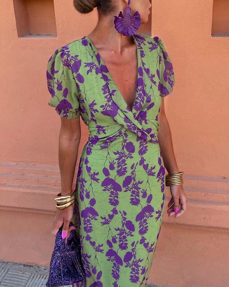 Women's Floral Print Wrap-Style Midi Dress