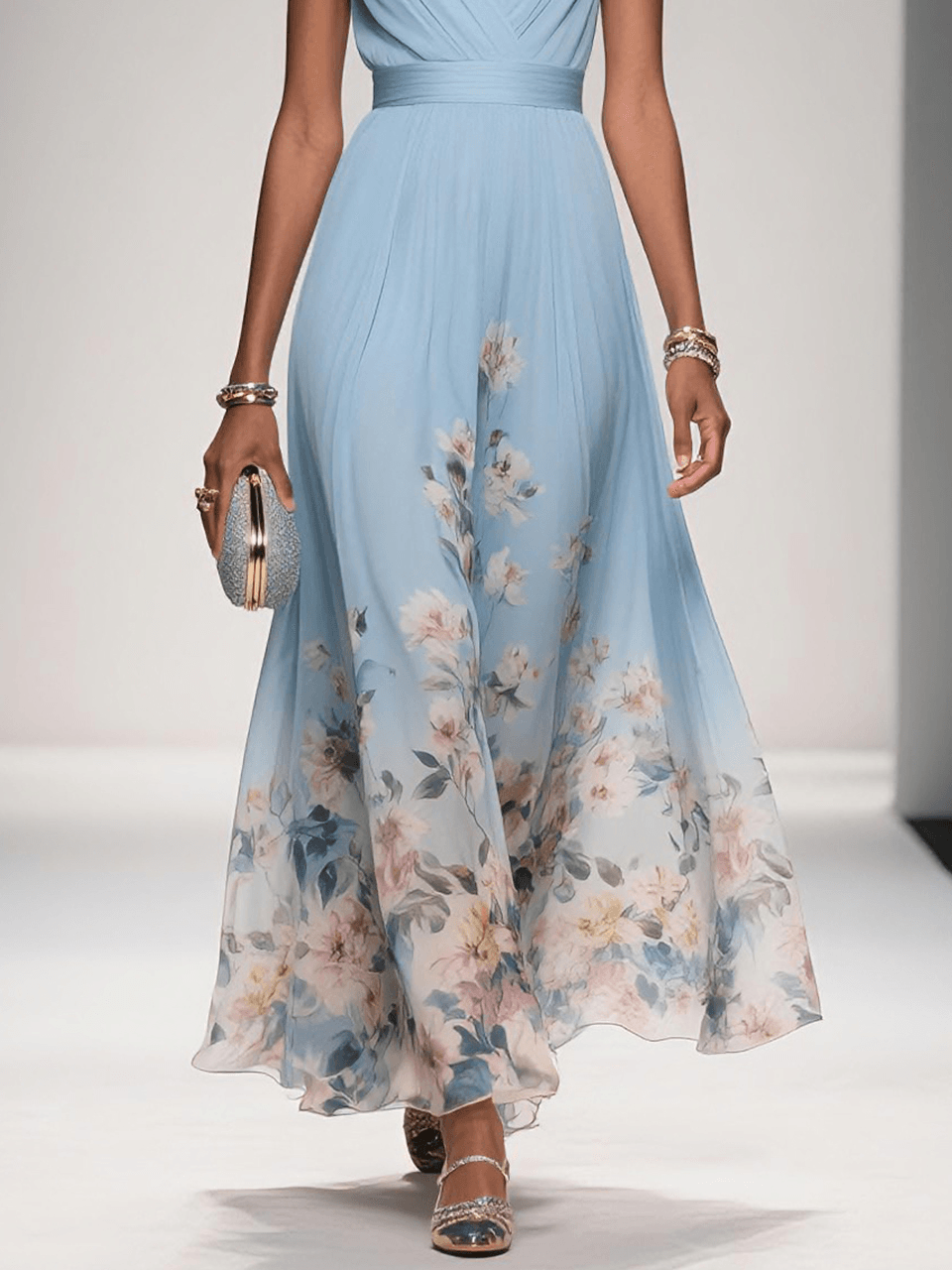 Women’s Floral V Neck Sleeveless Maxi Dress with Flowing Silhouette