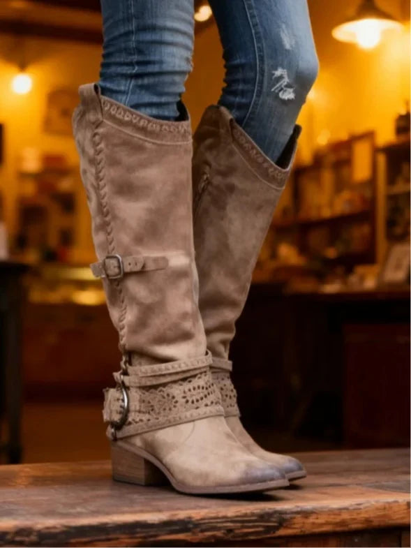 Women's Knee High Boots with Buckle Strap Zipper