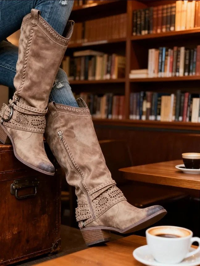Women's Knee High Boots with Buckle Strap Zipper