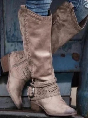 Women's Knee High Boots with Buckle Strap Zipper