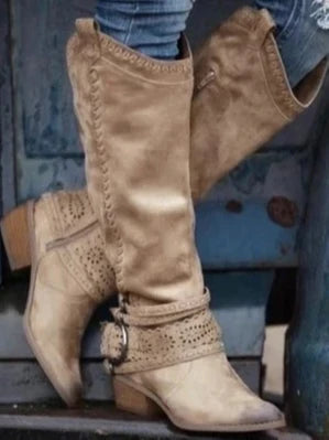 Women's Knee High Boots with Buckle Strap Zipper
