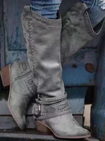 Women's Knee High Boots with Buckle Strap Zipper