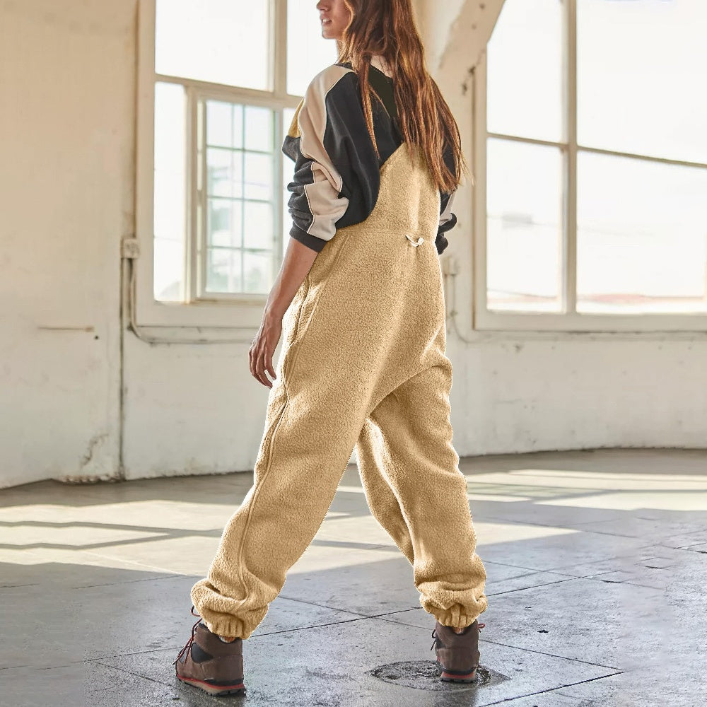 Women's Cozy Fleece Bib Jumpsuit with Adjustable Straps