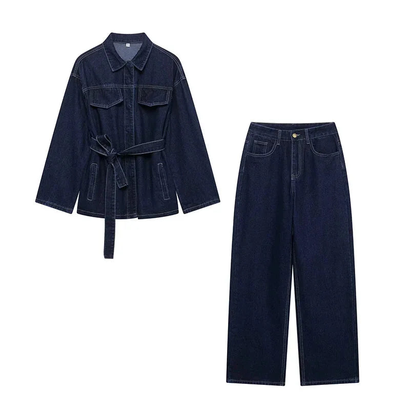 Women’s Denim Jacket and Wide Leg Jeans Two-Piece Set