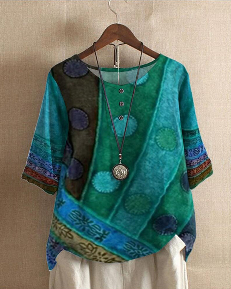 Women's Vintage Bohemian Patchwork Print Relaxed Tunic Top