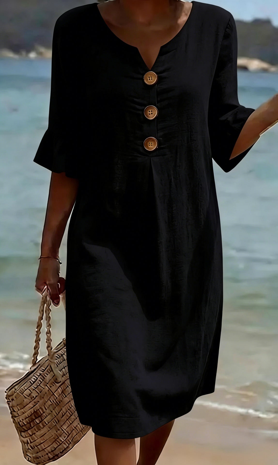 Women's V-Neck Button Ruffle Cuff Midi Dress