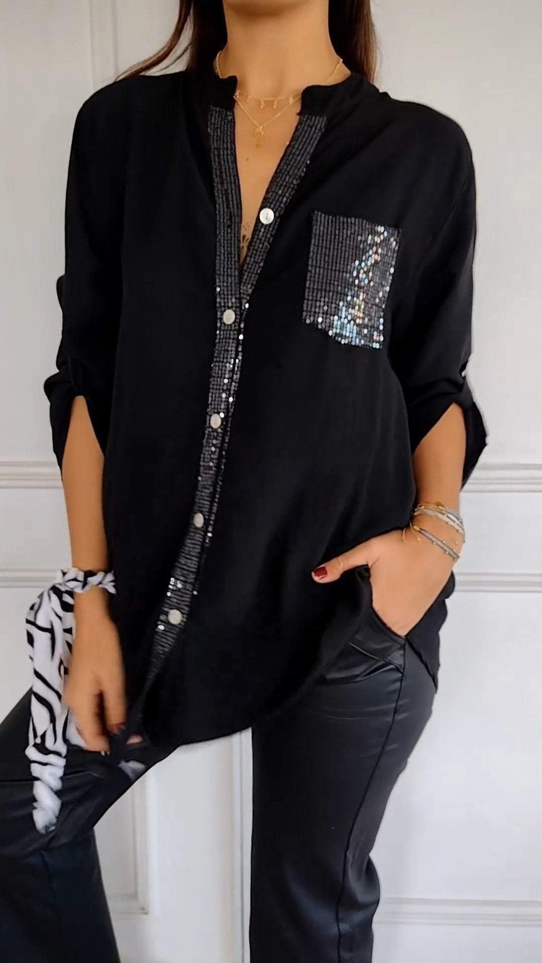Women's Sequin Pocket Button-Up Blouse