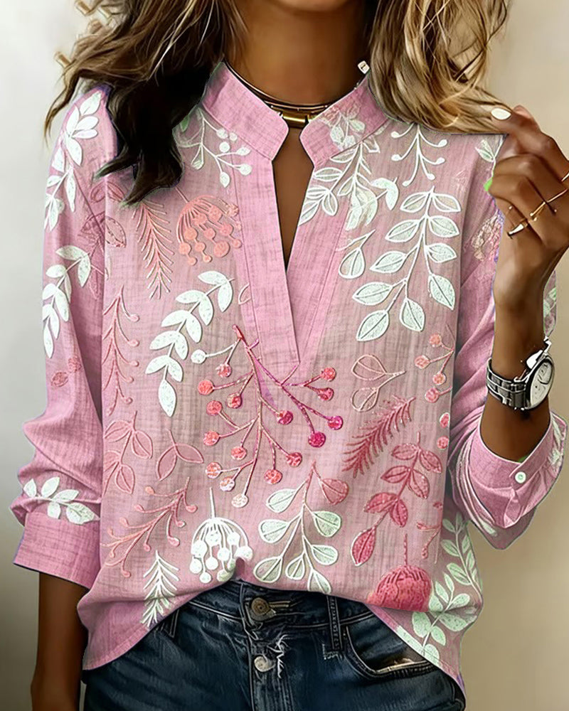 Women's Soft-Touch Blouse Pastel Floral V-Neck
