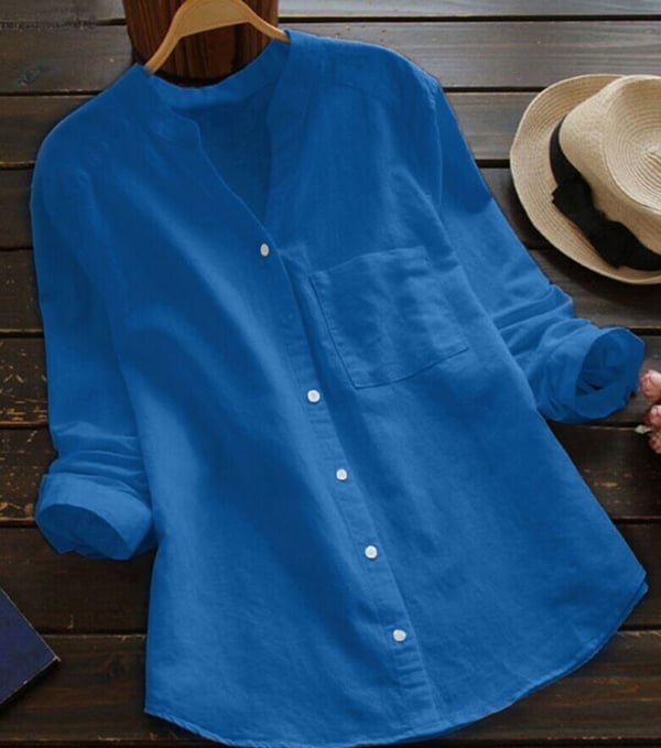 Women’s Relaxed Button-Up Blouse with Roll-Up Sleeves and Chest Pocket
