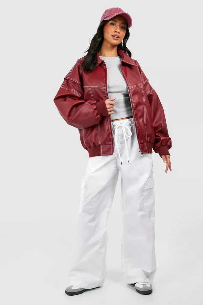 Women's Red Oversized Bomber Jacket
