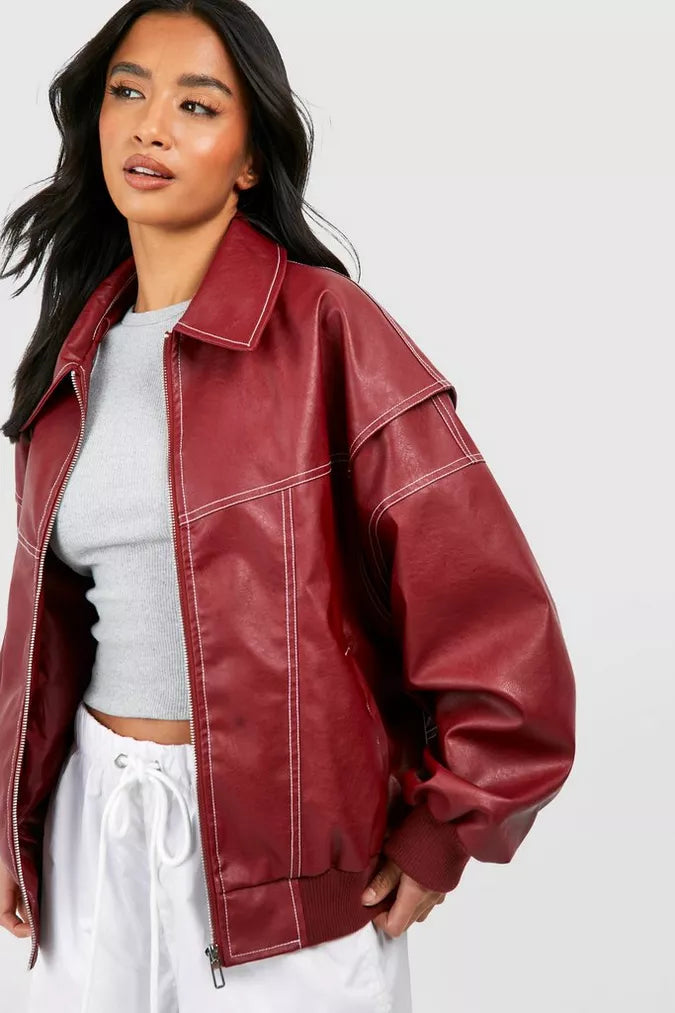 Women's Oversized Red Faux Leather Bomber Jacket
