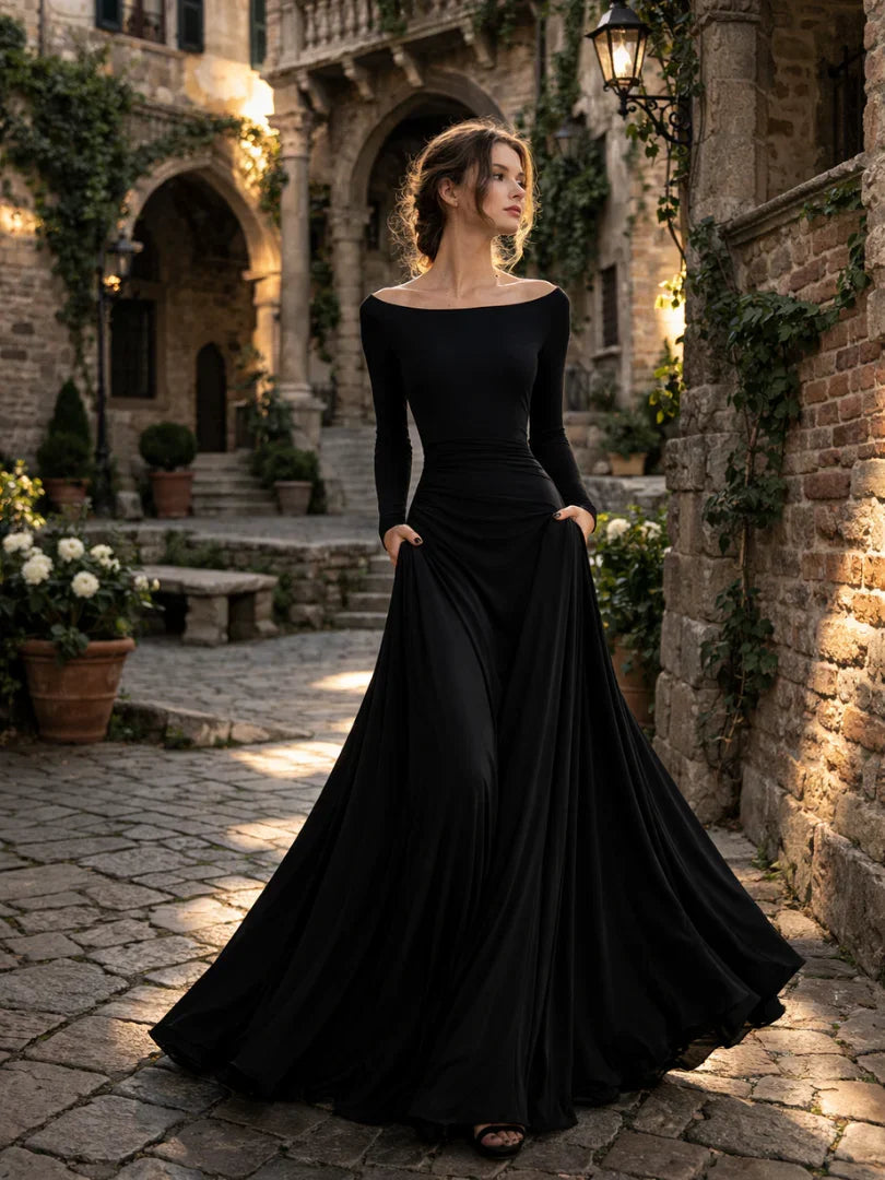 Women's Off-Shoulder Maxi Dress with Flared Skirt