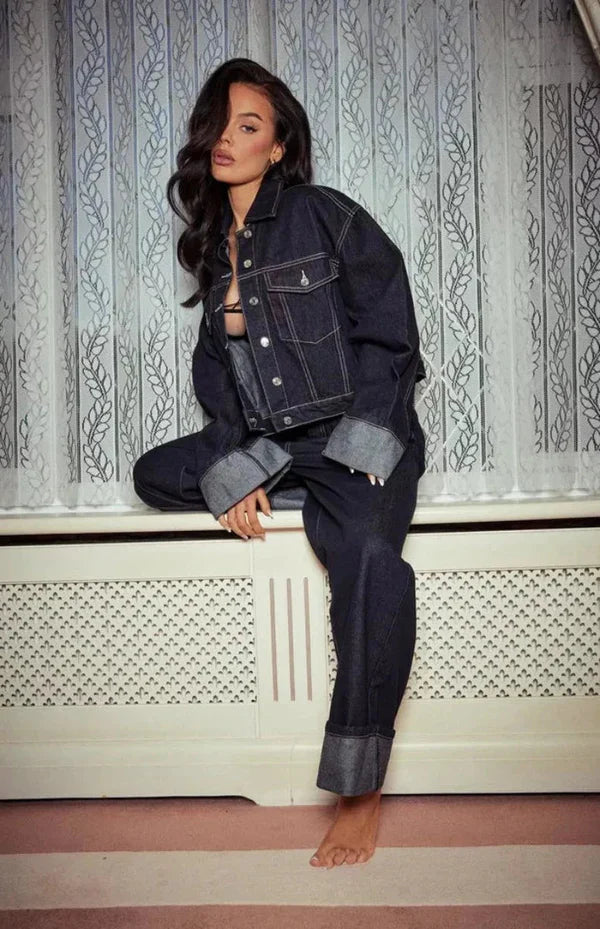 Women's Contrast-Cuff Cropped Jacket & Wide-Leg Pant Set
