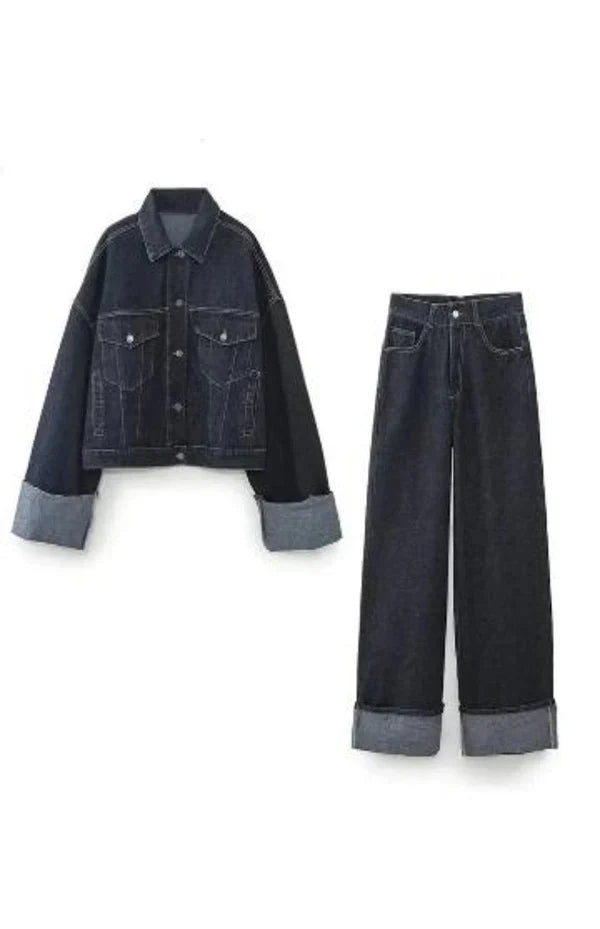Women's Contrast-Cuff Cropped Jacket & Wide-Leg Pant Set