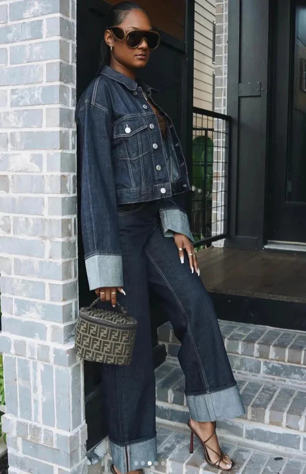 Women's Contrast-Cuff Cropped Jacket & Wide-Leg Pant Set