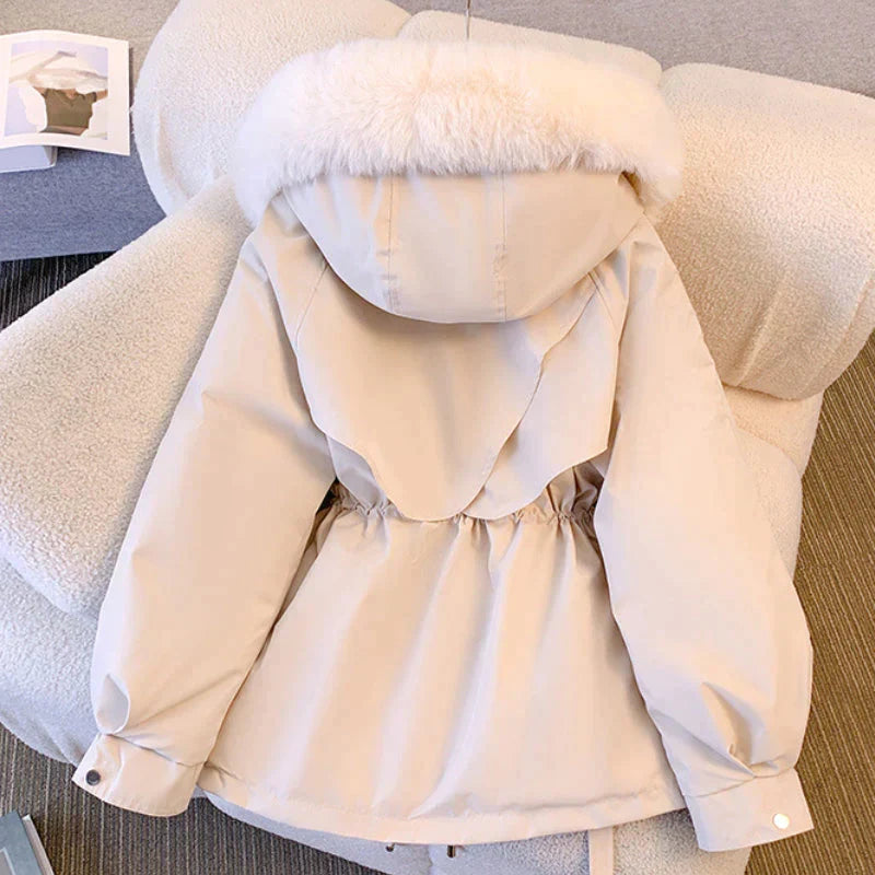 Women's Belted Puffer Winter Coat with Fur Collar