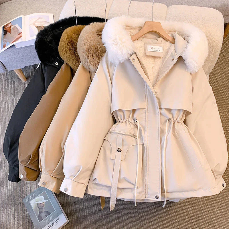 Women's Belted Puffer Winter Coat with Fur Collar