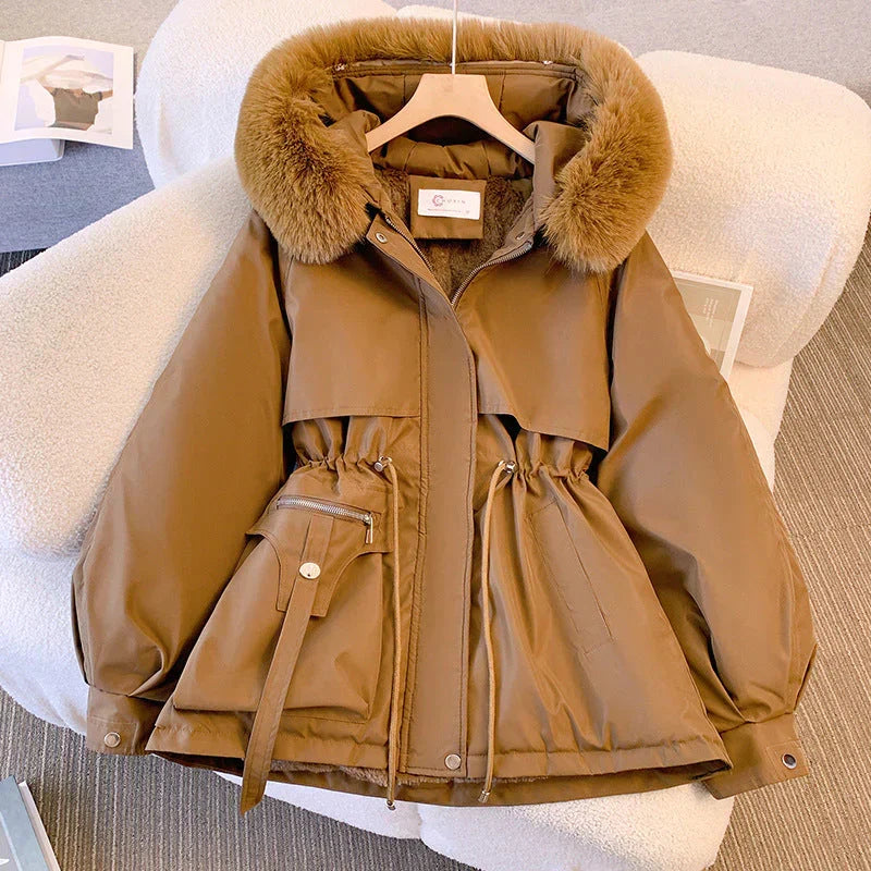 Women's Belted Puffer Winter Coat with Fur Collar