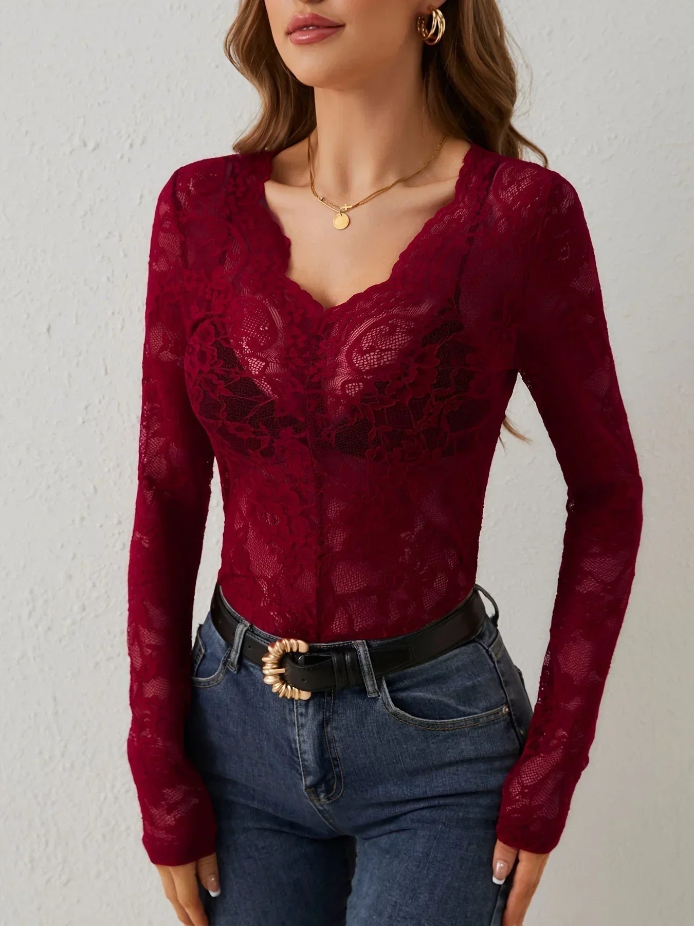 Women’s Lace Long Sleeve V Neck Sheer Top