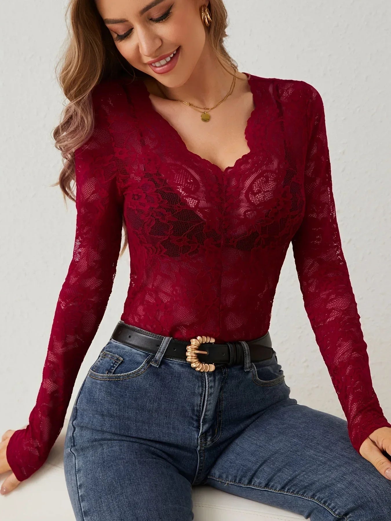 Women’s Lace Long Sleeve V Neck Sheer Top