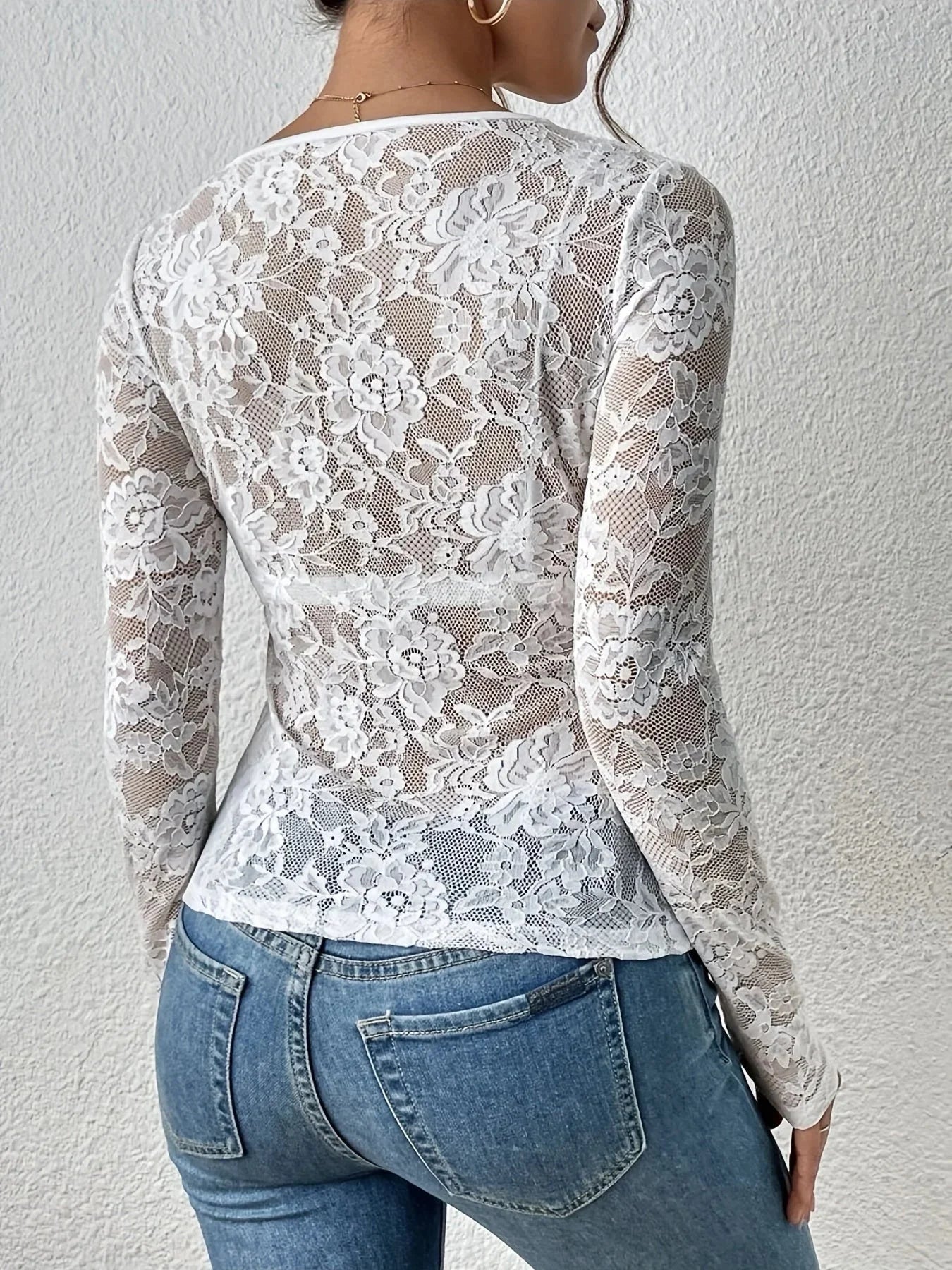 Women’s Lace Long Sleeve V Neck Sheer Top