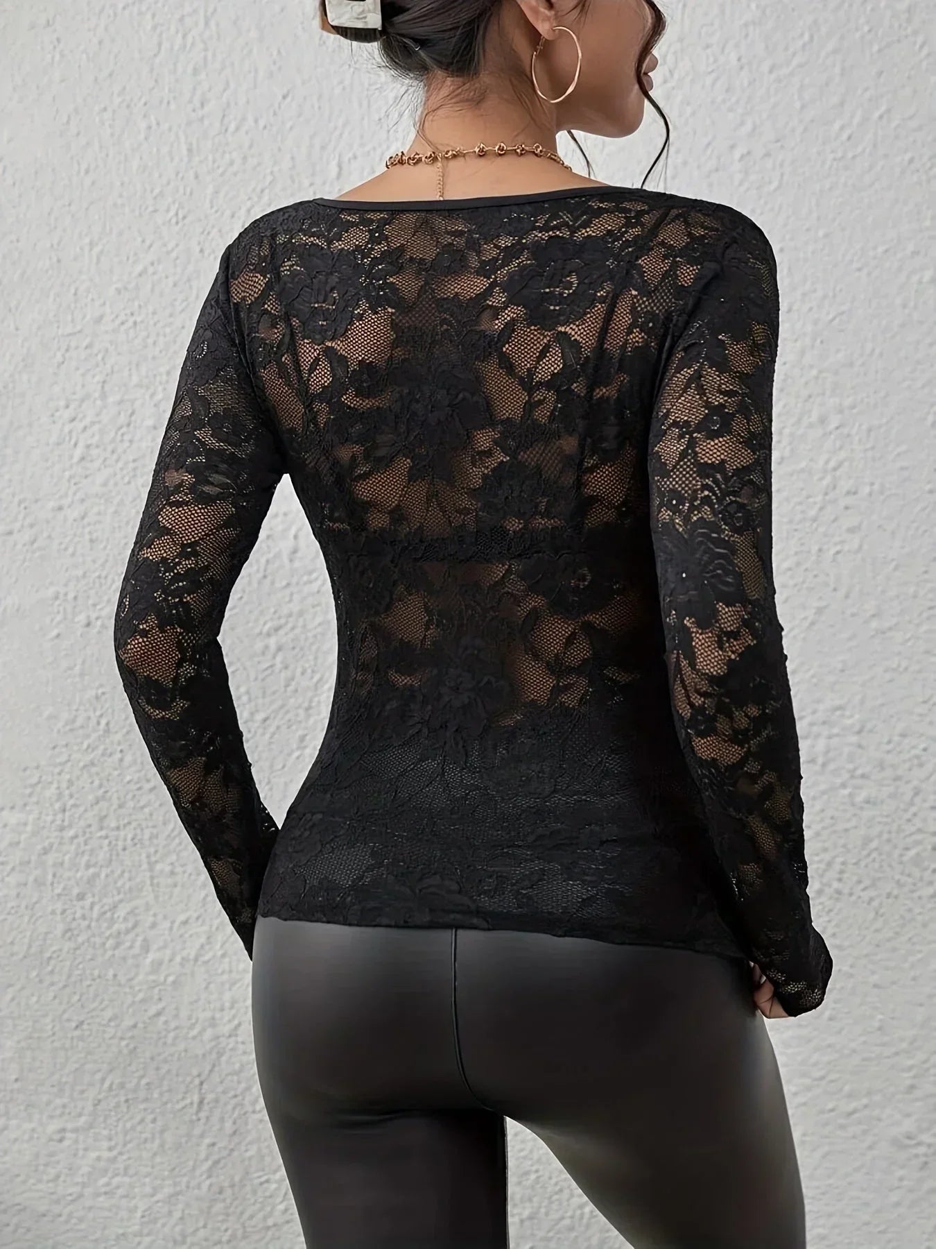 Women’s Lace Long Sleeve V Neck Sheer Top