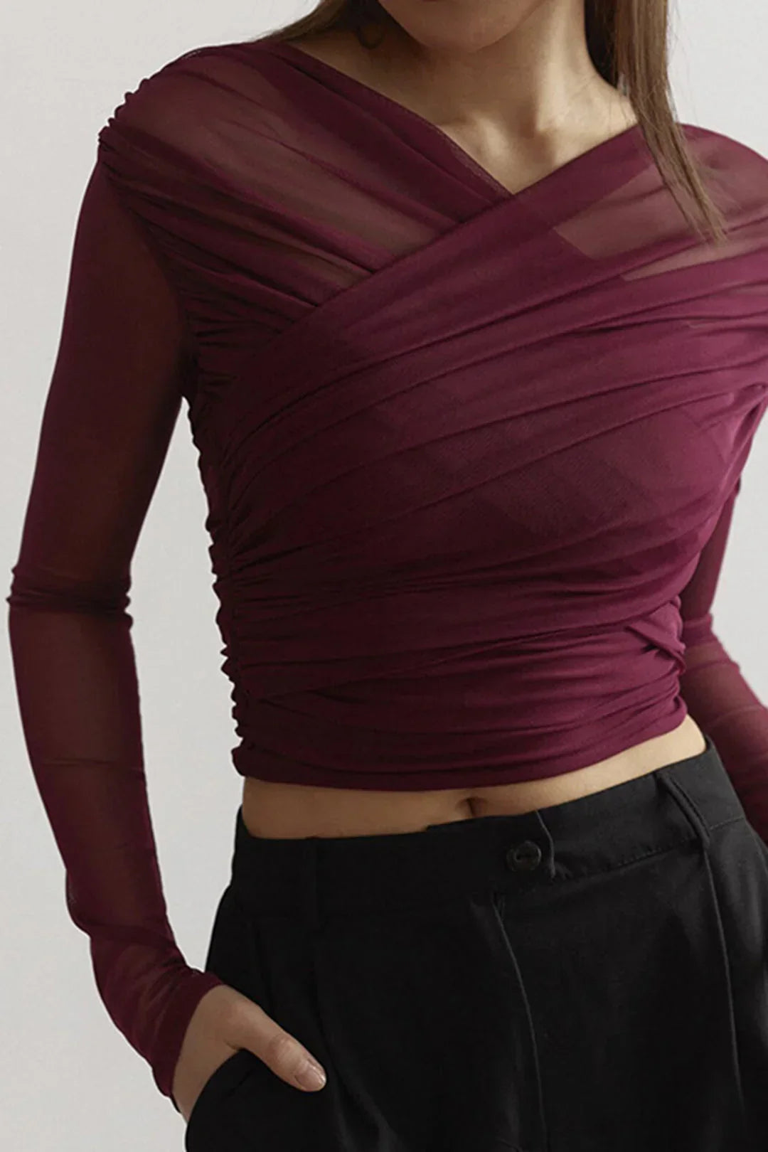 Women’s Sheer Mesh Ruched Crop Top
