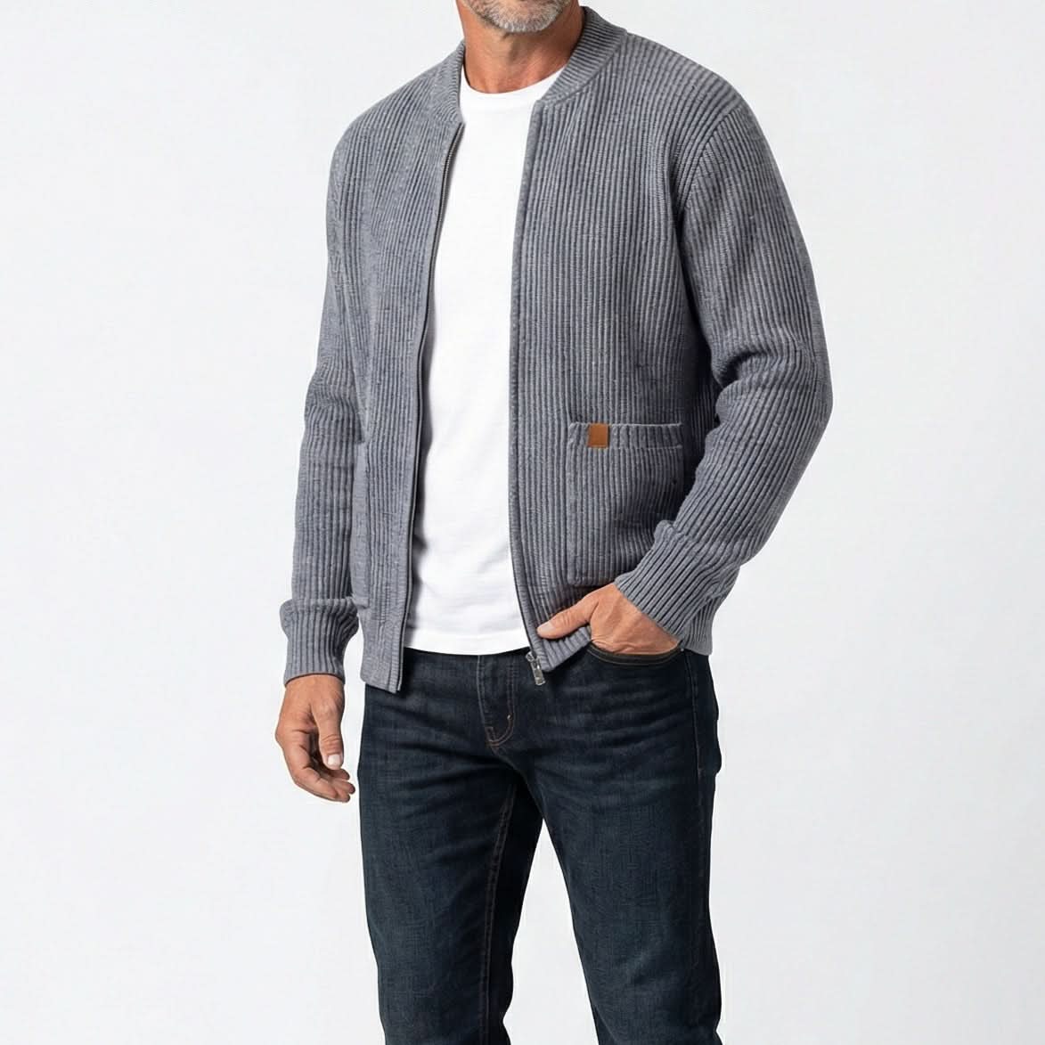 Men's Ribbed Knit Stand Collar Cardigan