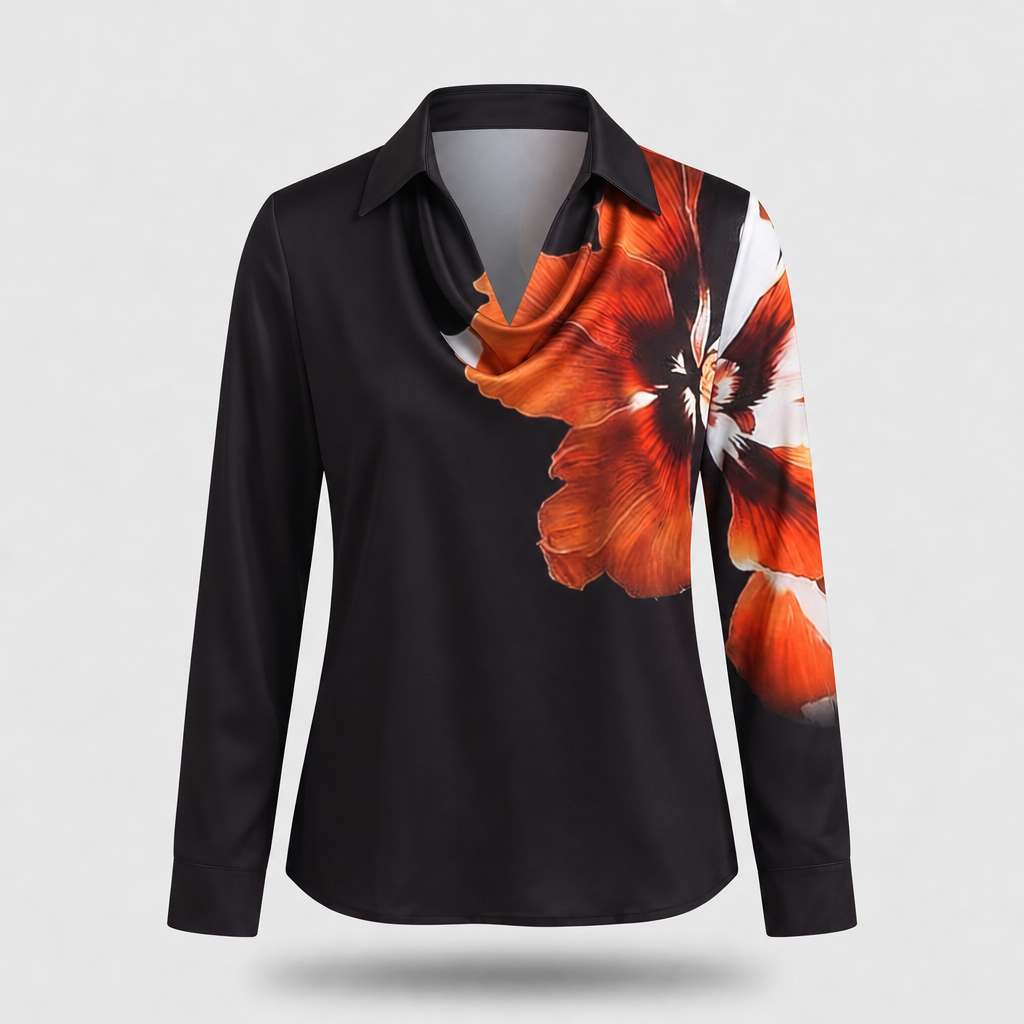 Women's Elegant Floral Print Satin Cowl Neck Blouse