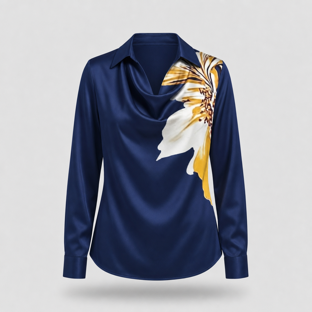 Women's Elegant Floral Print Satin Cowl Neck Blouse